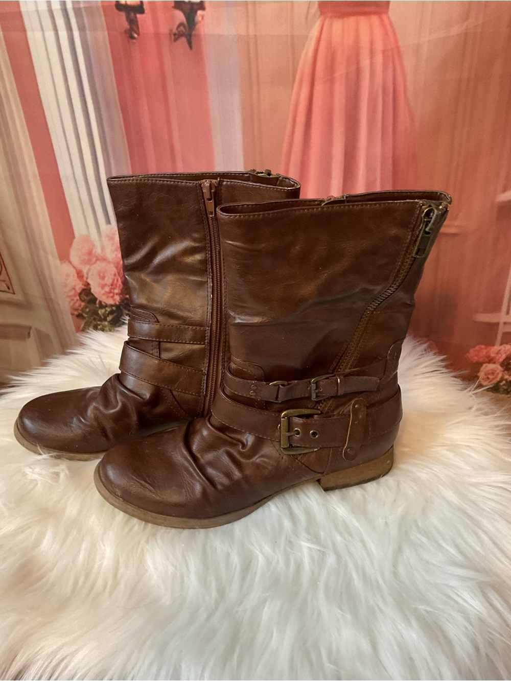 Carlos by Carlos Santana Brown Leather Mid-Calf Buckle Combat Boots